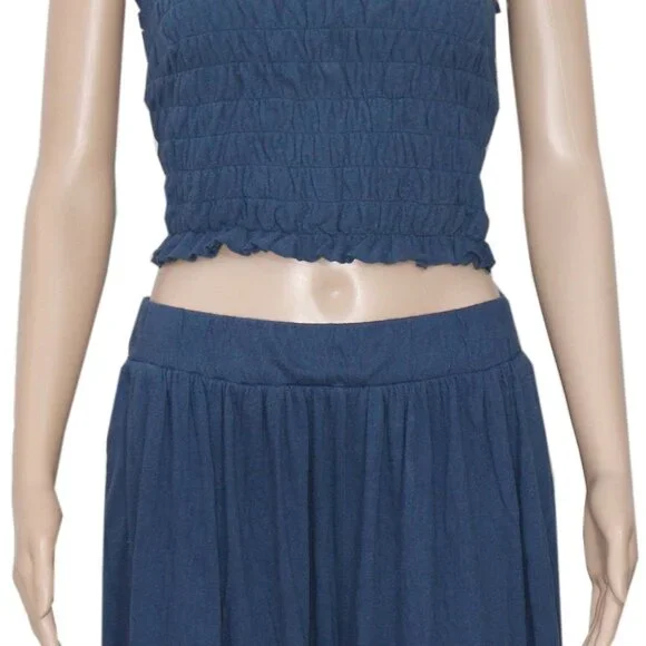 Free People Solange Set Deep Seas Ruffled Pull-On Wide-Leg Smocked Top & Pants - Picture 4 of 7